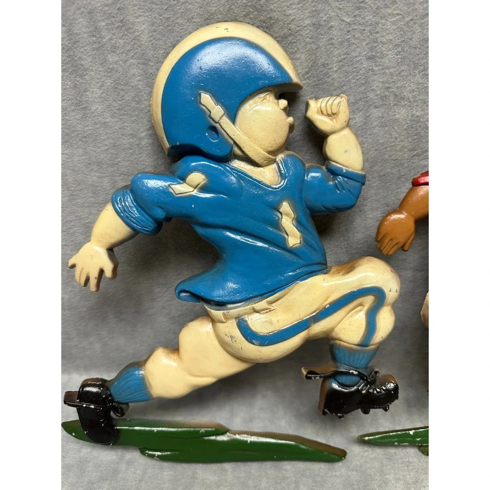 VTG Homco 1975 Football Players Wall Art Blue Red Cast Metal 3 Piece Set 1254